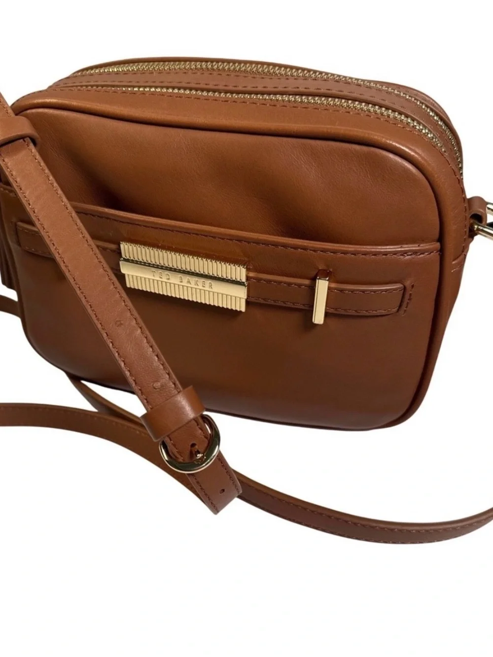 Ted Baker Cognac Tan Leather Crossbody with Gold Accent